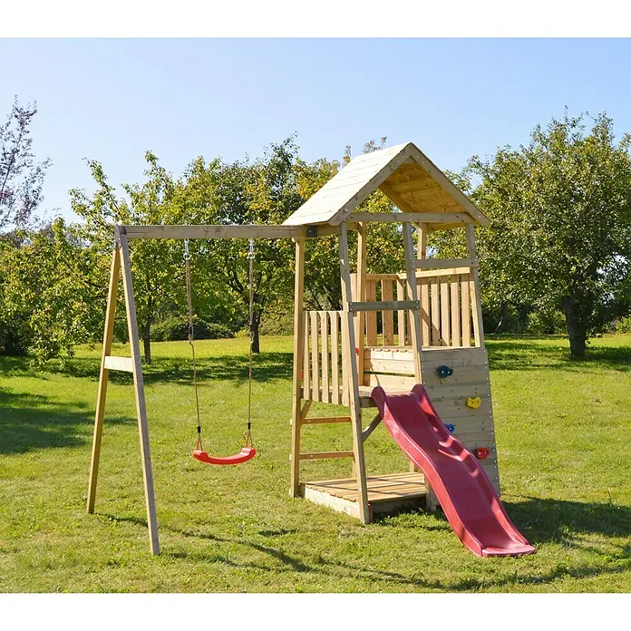 Wendi Toys Kinderspielturm Panda - Natur/Rot - Ein hölzerner Spielturm mit Schaukel, Rutsche und Kletterwand für stundenlangen Spaß im Garten. Das ideale Spielgerät für aktive Kinder.