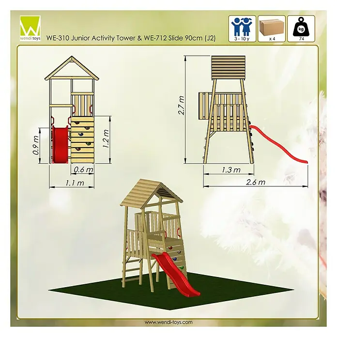 Wendi Toys Kinderspielturm Hase - Natur/Rot - Abbildung des WE-310 Junior Activity Tower & WE-712 Slide 90cm (J2) Spielturms mit den Maßen für den Aufbau im Garten.