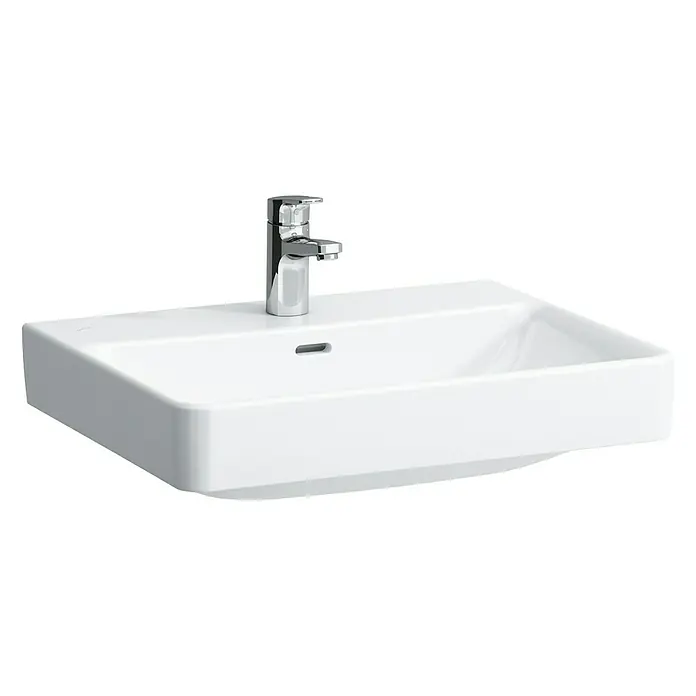 Laufen Pro Waschtisch S - 60 x 46,5 cm, Ohne Spezialglasur, Hahnloch: Mitte, Mit Überlauf, Weiß - Weißes Waschbecken mit modernem Chromhahn auf schwarzem Hintergrund. Elegantes Design für stilvolle Badezimmer.