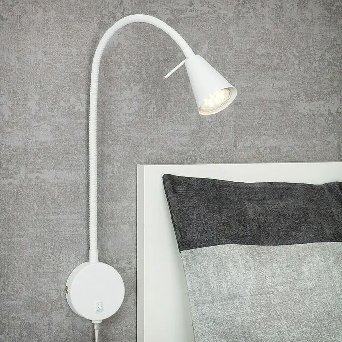 Briloner Foco de pared LED Comfort Light - Blanco, 4 W - Lámpara de pared blanca con brazo flexible y base redonda junto a una cama, que proporciona una iluminación agradable para la lectura.