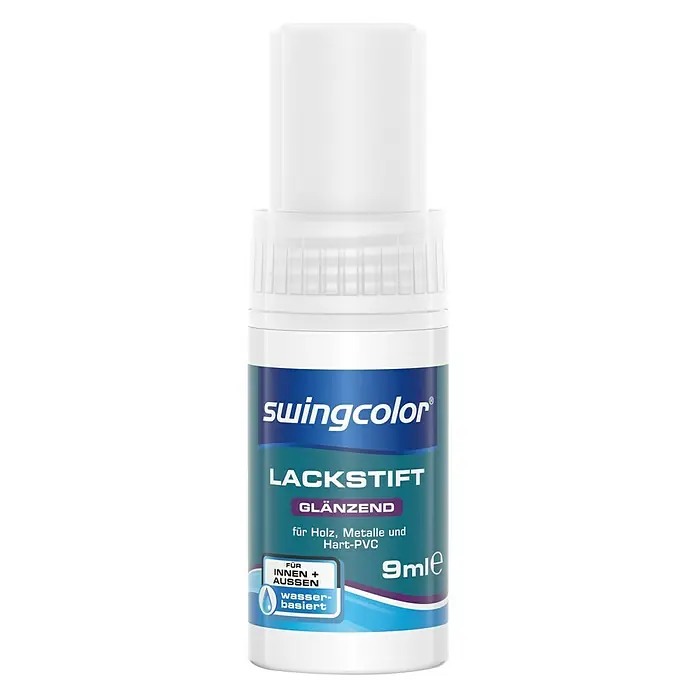 swingcolor Buntlack Acryl Lackstift - Weiß, Glänzend, 9 ml, Wasserbasiert - Bild eines Swingcolor Lackstift, glänzend, in einer weißen Flasche. Geeignet für Holz, Metalle und Hart-PVC, wasserbasiert und für Innen- und Außenbereich.