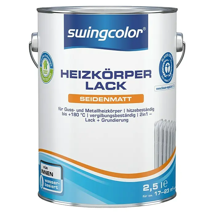 swingcolor Heizkörperlack Acryl - Weiß, Seidenmatt, 2,5 l, Wasserbasiert - Dose Swingcolor Heizkörperlack seidenmatt, geeignet für Guss- und Metallheizkörper, hitzebeständig bis +180°C, vergilbungsbeständig und wasserbasiert.
