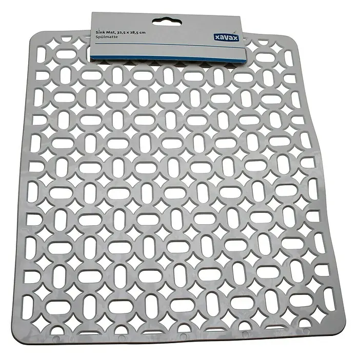 Xavax Spülbeckeneinlage - L x B: 32,5 x 28,5 cm, Weiß - Graue Spülbeckenmatte mit ovalem und rautenförmigem Muster und blauer Produktverpackung für den Einzelhandel.