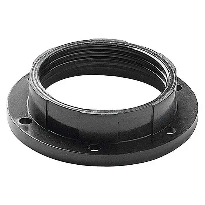 Famatel Arandela portalámparas - Plástico, Negro, E27 - Primer plano de una tuerca de brida negra con rosca interna. Ideal para aplicaciones industriales que requieren estabilidad y una sujeción segura.