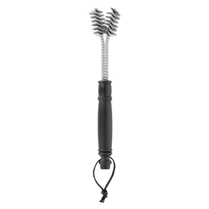Kingstone Cepillo limpiador para barbacoa - Acero inoxidable, Específico para: Rejillas de hierro fundido - Esta imagen muestra un primer plano detallado de un cepillo para botellas, con un mango texturizado y un práctico lazo para colgar.