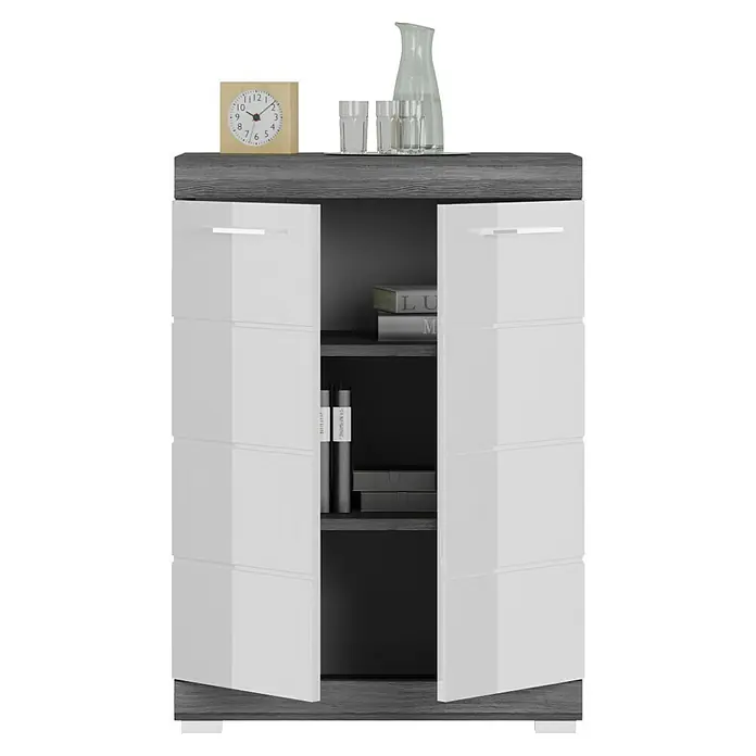 xonox.home Scout Kommode - L x B x H: 37 x 60 x 85 cm, Rauchsilber/Weiß - Das moderne Sideboard mit weißen Türen und grauem Holzdekor bietet stilvollen Stauraum für Ihr Zuhause. Ideal für Wohn- oder Esszimmer.