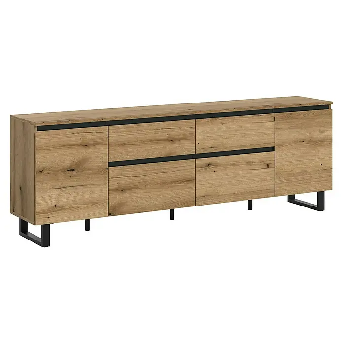 xonox.home Tomasa Lowboard - L x B x H: 36 x 188 x 65 cm, Evoke Eiche - Modernes Sideboard in Holzoptik mit schwarzen Akzenten für stilvolle Aufbewahrung im Wohnbereich.