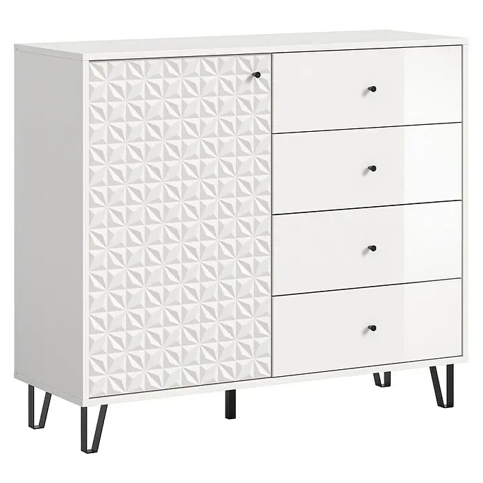 xonox.home Prisma Highboard - L x B x H: 40 x 110 x 96 cm, Weiß - Elegantes weißes Sideboard mit einer strukturierten Tür und vier Schubladen, ideal für moderne Wohnräume.
