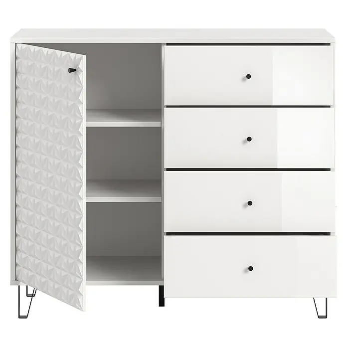 xonox.home Prisma Highboard - L x B x H: 40 x 110 x 96 cm, Weiß - Weißes Sideboard mit einer Tür mit geometrischem Muster, das sich zu einem Innenraum mit Regalen öffnet und vier Schubladen mit Knöpfen.
