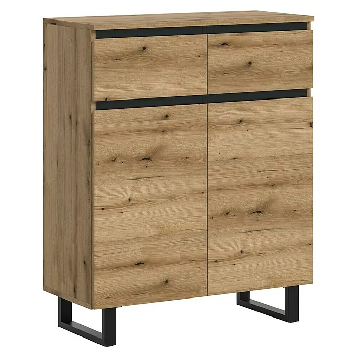 xonox.home Tomasa Kommode - L x B x H: 36 x 80 x 99 cm, Evoke Eiche, Anzahl Schubladen: 2 Stk. - Ein moderner Holzschrank mit schwarzen Griffen und Füßen bietet stilvollen Stauraum für Ihr Zuhause. Die Holzoptik sorgt für Wärme und Eleganz.