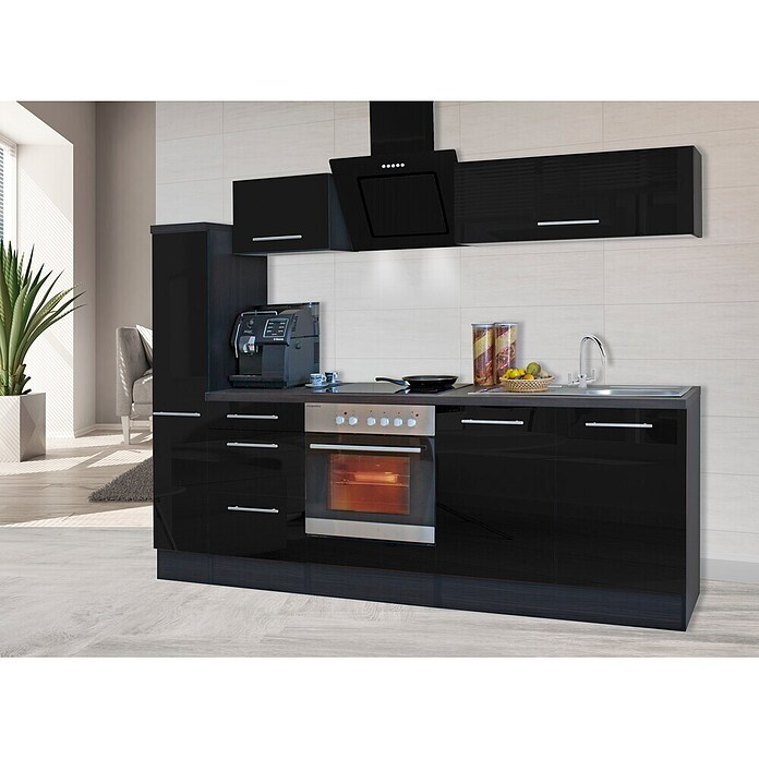 Respekta Premium Composición de cocina (Ancho: 240 cm, Con dispositivos eléctricos, Negro de alto brillo)