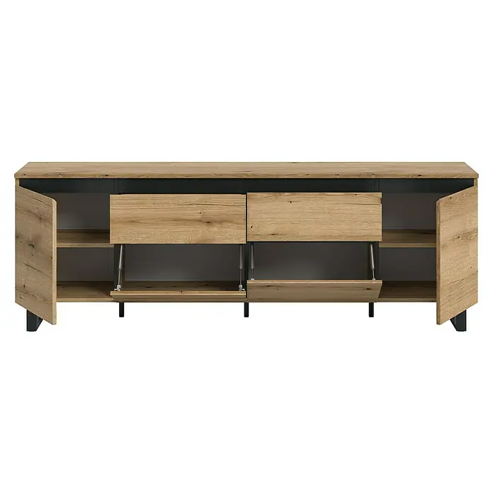 xonox.home Tomasa Lowboard - L x B x H: 36 x 188 x 65 cm, Evoke Eiche - Ein offenes Sideboard mit Holzfronten und dunklem Rahmen bietet viel Stauraum und eine moderne Optik.