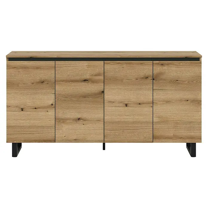xonox.home Tomasa Sideboard - L x B x H: 36 x 160 x 84 cm, Evoke Eiche, Anzahl Türen: 4 Stk. - Ein Sideboard mit vier Holztüren und einem schwarzen Rahmen. Das Holz hat eine natürliche Maserung und Astlöcher.