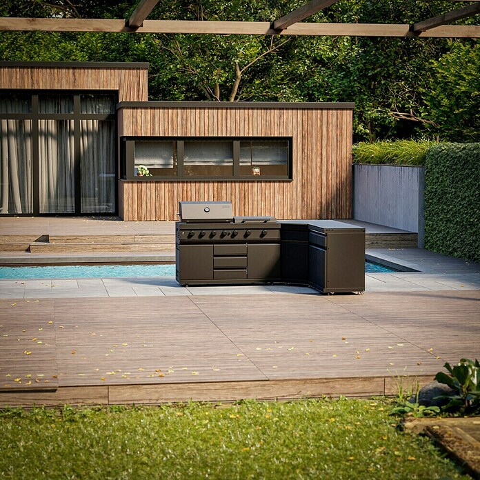 Kingstone Cube Outdoorküche I (3 -tlg., Stahl, Sintered Stone, Schwarz, Material Grillfläche: Gusseisen, Anzahl Brenner: 11 Stk.) | BAUHAUS