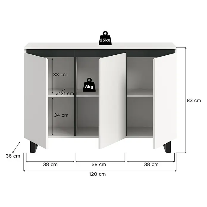 xonox.home Tomasa Sideboard - L x B x H: 36 x 120 x 84 cm, Weiß, Anzahl Türen: 4 Stk. - Das Bild zeigt ein weißes Sideboard mit offenen Türen, Maßen und Gewichtsangaben für Stabilität und Funktionalität.