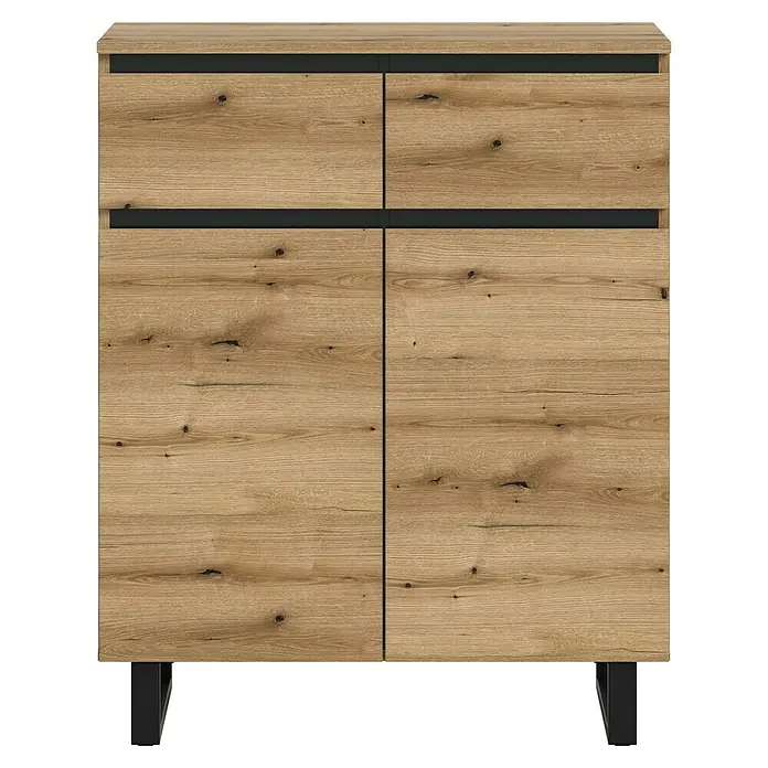 xonox.home Tomasa Kommode - L x B x H: 36 x 80 x 99 cm, Evoke Eiche, Anzahl Schubladen: 2 Stk. - Schrank im Holzstil mit vier Türen und schwarzen Griffen. Viel Stauraum und modernes Design für Ihr Zuhause.