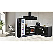 Respekta Premium Cocina esquinera (Ancho: 260 cm, Con dispositivos eléctricos, Negro de alto brillo)