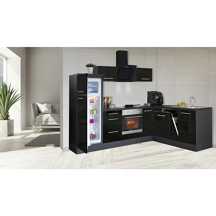 Respekta Premium Winkelküche RP260ESCBO - B x T: 260 x 60 cm, Schwarz, Mit Elektrogeräten - Elegante schwarze Küche mit Kühlschrank, Herd, Dunstabzugshaube und Spüle. Das moderne Design fügt sich nahtlos in den Raum ein.
