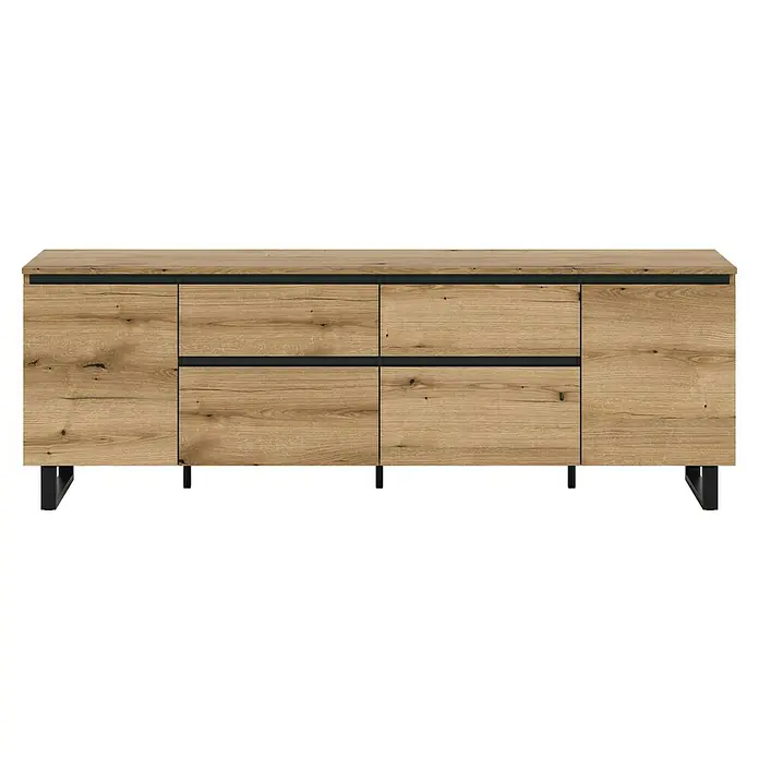 xonox.home Tomasa Lowboard - L x B x H: 36 x 188 x 65 cm, Evoke Eiche - Eine moderne Anrichte mit Holzfronten und schwarzen Akzenten, die Stil und Funktionalität vereint. Perfekt für jedes moderne Zuhause.