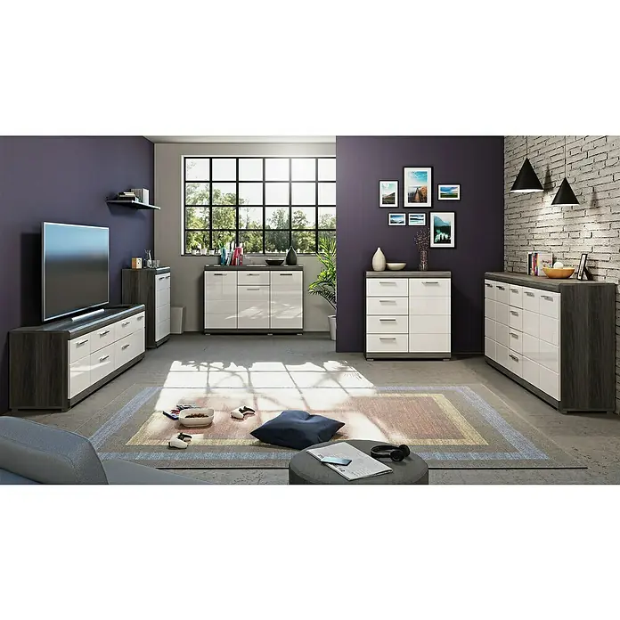 xonox.home Scout Kommode - L x B x H: 37 x 60 x 85 cm, Rauchsilber/Weiß - Modernes Wohnzimmer mit stilvollen weißen Kommoden mit Holzoberfläche, die eine elegante und praktische Aufbewahrungslösung bieten.