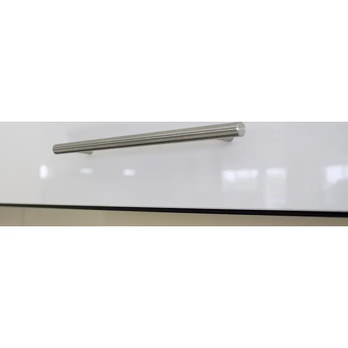 Respekta Premium Composición de cocina Amanda Alto - Ancho: 280 cm, Roble/Gris, Con electrodomésticos - Tirador de metal cepillado en un cajón blanco brillante.
