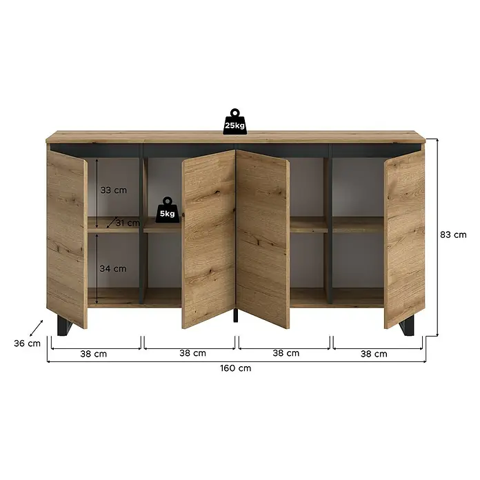 xonox.home Tomasa Sideboard - L x B x H: 36 x 160 x 84 cm, Evoke Eiche, Anzahl Türen: 4 Stk. - Das Bild zeigt eine Holzkommode mit vier Türen und Maßen, die mit Gewichtsangaben versehen sind.