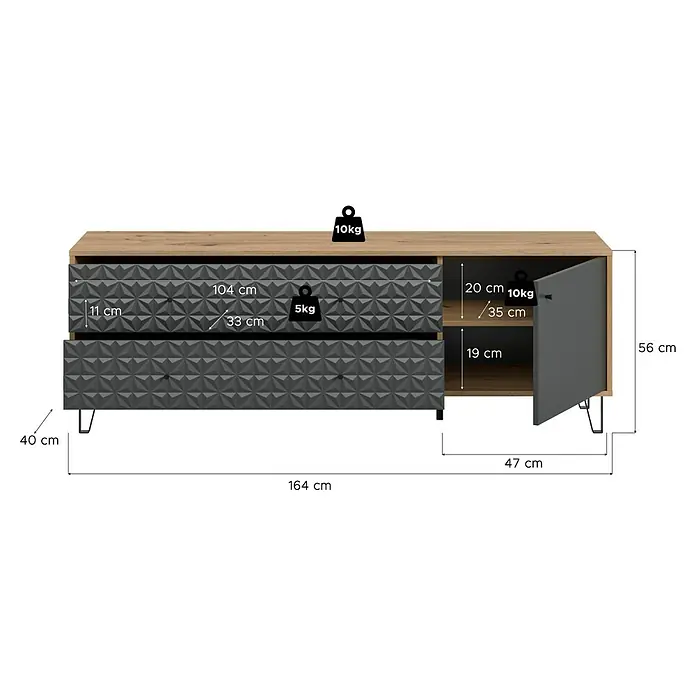 xonox.home Prisma Lowboard - L x B x H: 40 x 164 x 56 cm, Eiche/Anthrazit - Nahaufnahme einer grauen Kommode mit Schubladen und Fach, Maße und Gewichtsangaben sind dargestellt.