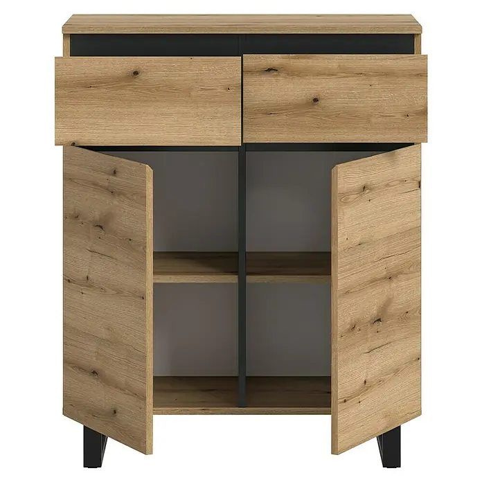 xonox.home Tomasa Kommode - L x B x H: 36 x 80 x 99 cm, Evoke Eiche, Anzahl Schubladen: 2 Stk. - Holzkommode mit offenen Türen und Schubladen für zusätzlichen Stauraum, ideal für Wohn- und Esszimmer.