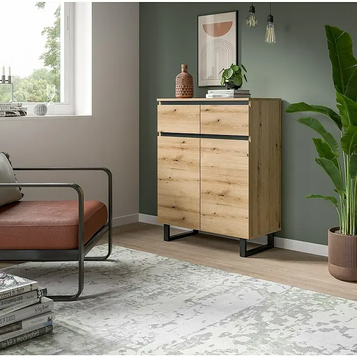 xonox.home Tomasa Kommode - L x B x H: 36 x 80 x 99 cm, Evoke Eiche, Anzahl Schubladen: 2 Stk. - Ein stilvolles Sideboard aus hellem Holz mit schwarzen Akzenten und minimalistischem Design.