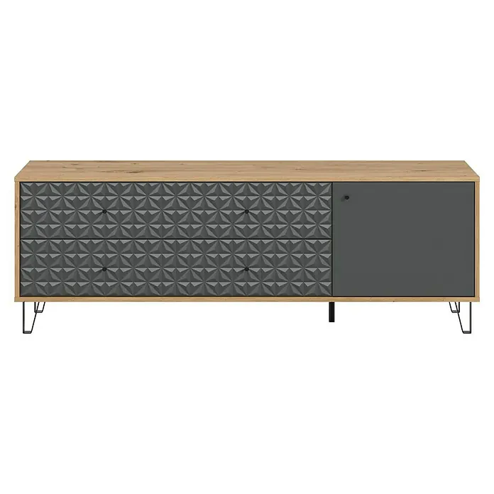 xonox.home Prisma Lowboard - L x B x H: 40 x 164 x 56 cm, Eiche/Anthrazit - Modernes Sideboard mit grauem 3D-Muster auf den Schubladenfronten und einer Holzplatte. Das Sideboard hat eine Tür und steht auf Metallfüßen.