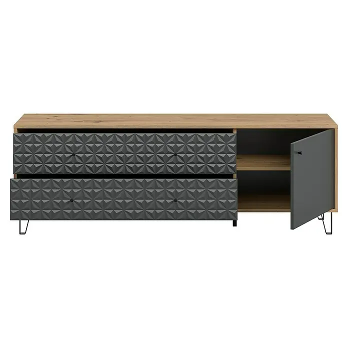 xonox.home Prisma Lowboard - L x B x H: 40 x 164 x 56 cm, Eiche/Anthrazit - Stilvolles Sideboard mit zwei Schubladen und einer Tür, Akzentmöbel für Wohn- oder Esszimmer mit geometrischem Design und Holzoberfläche.