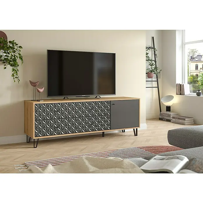 xonox.home Prisma Lowboard - L x B x H: 40 x 164 x 56 cm, Eiche/Anthrazit - Das TV-Lowboard mit geometrischem Muster und schlichtem Design ist ein echter Hingucker im Wohnzimmer und bietet viel Stauraum.