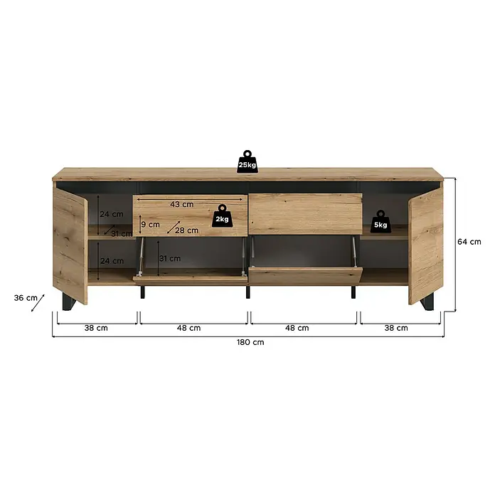 xonox.home Tomasa Lowboard - L x B x H: 36 x 188 x 65 cm, Evoke Eiche - Abbildung eines Sideboards in Holzoptik mit Schubladen und Türen sowie Maßangaben und Gewichtsangaben.