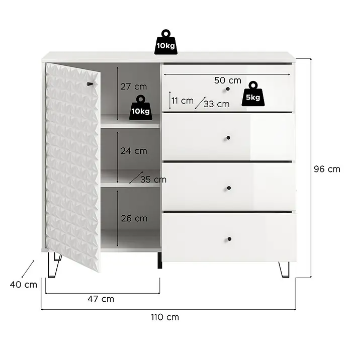 xonox.home Prisma Highboard - L x B x H: 40 x 110 x 96 cm, Weiß - Das Bild zeigt eine Kommode in Weiß mit einer Tür und Schubladen, inklusive Maßangaben und Gewichtsangaben für die Belastbarkeit.