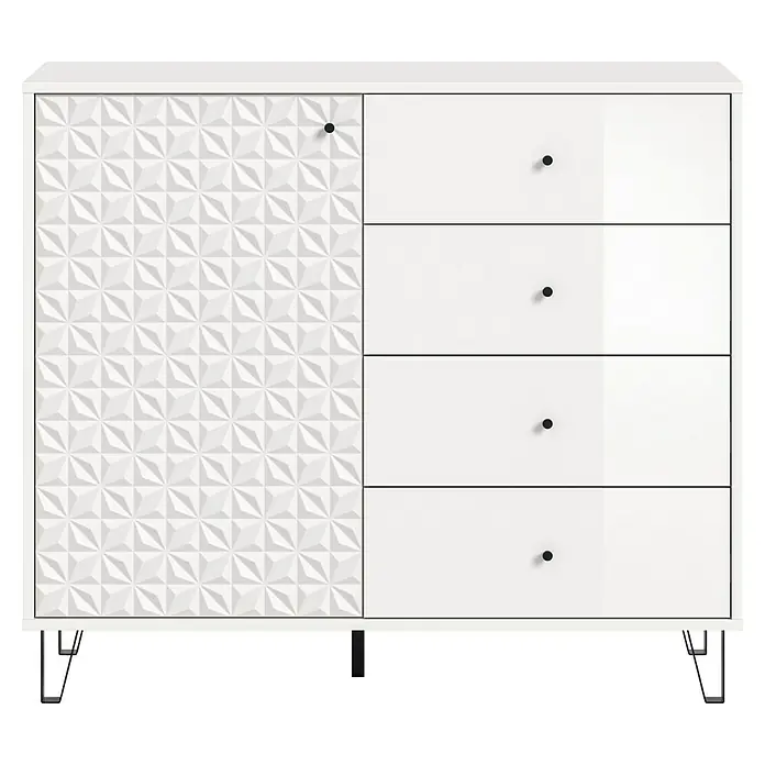 xonox.home Prisma Highboard - L x B x H: 40 x 110 x 96 cm, Weiß - Weißer Nachttisch mit vier Schubladen und einer Tür mit geometrischem Muster. Schlichtes und modernes Design für Ihr Schlafzimmer.
