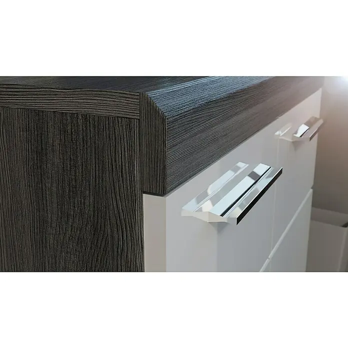 xonox.home Scout Kommode - L x B x H: 37 x 60 x 85 cm, Rauchsilber/Weiß - Nahaufnahme einer Kommode mit Holzstruktur und modernen Griffen.