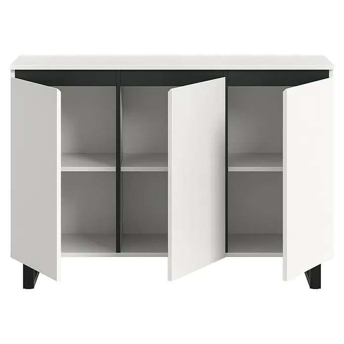 xonox.home Tomasa Sideboard - L x B x H: 36 x 120 x 84 cm, Weiß, Anzahl Türen: 4 Stk. - Das Bild zeigt einen weißen Schrank mit offenen Türen, der zwei Regale und schlanke, dunkle Beine hat. Perfekt für moderne Wohnräume.