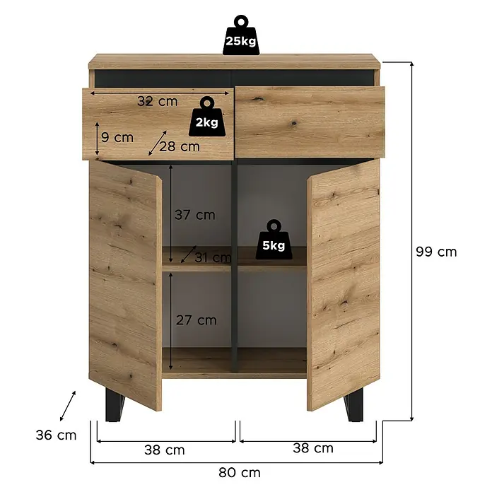 xonox.home Tomasa Kommode - L x B x H: 36 x 80 x 99 cm, Evoke Eiche, Anzahl Schubladen: 2 Stk. - Abmessungen des Sideboards mit Schubladen und Türen in Holzoptik, inklusive Gewichtsangaben und detaillierten Maßangaben.
