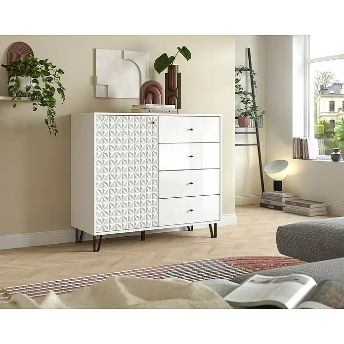 xonox.home Prisma Highboard - L x B x H: 40 x 110 x 96 cm, Weiß - Weißer Schrank mit einzigartigem geometrischem Design auf der linken Seite und vier glänzenden Schubladen mit Knöpfen.