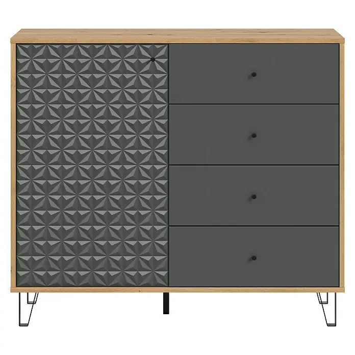 xonox.home Prisma Highboard - L x B x H: 40 x 110 x 96 cm, Eiche/Anthrazit - Eine moderne Kommode mit vier Schubladen und einer dekorativen Tür. Das Möbelstück ist in Grau und Holz gehalten.