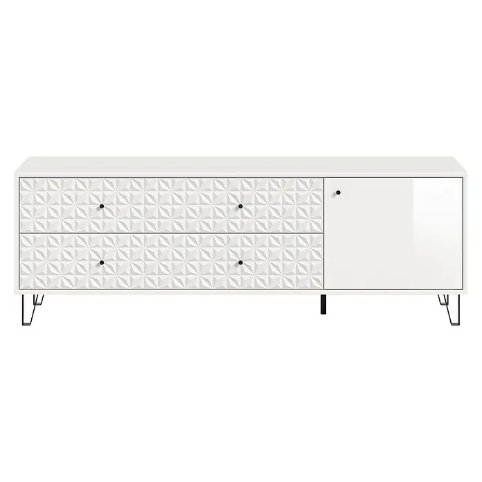 xonox.home Prisma Lowboard - L x B x H: 40 x 164 x 56 cm, Weiß - Elegantes Sideboard in Weiß mit zwei Schubladen mit geometrischem Muster und einer Tür, ideal für modernes Wohnen.