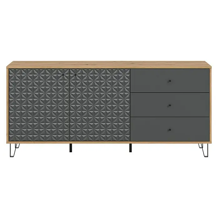 xonox.home Prisma Sideboard - L x B x H: 40 x 170 x 76 cm, Eiche/Anthrazit, Anzahl Schubladen: 3 Stk., Anzahl Türen: 2 Stk. - Ein graues Sideboard mit strukturierten Türen links und drei Schubladen rechts, eingefasst in hellem Holz und gestützt von Metallfüßen.