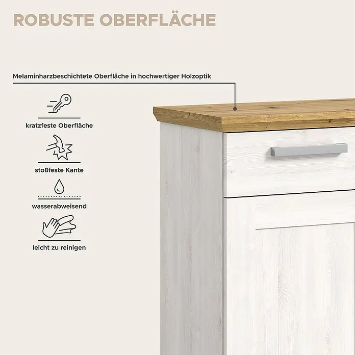 xonox.home Kommode - L x B x H: 39 x 90 x 88 cm, Weiß/Lärche, Anzahl Schubladen: 1 Stk. - Produktbild mit der Aufschrift "Robuste Oberfläche", Details zu Melaminharzbeschichtung in Holzoptik und Piktogrammen.