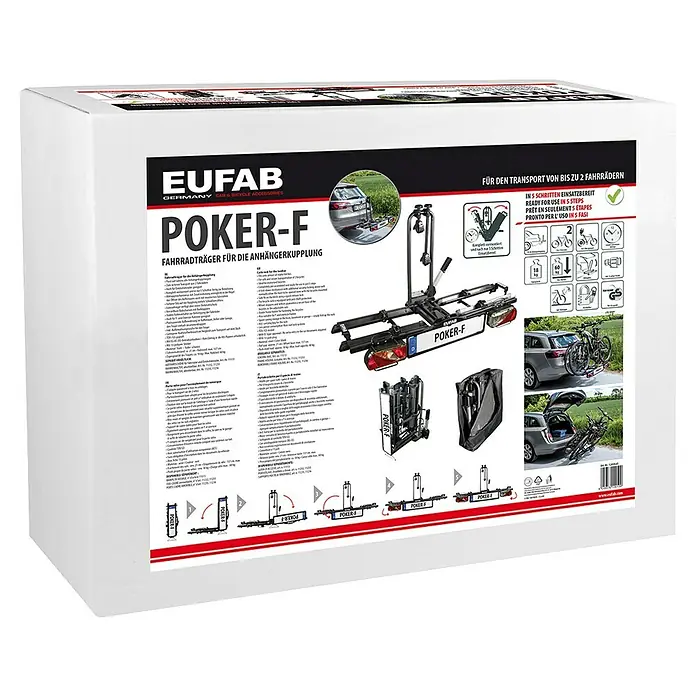 Eufab Fahrradträger Poker-F - Geeignet für: 2 Fahrräder, Traglast: 60 kg, Passend für: Fahrzeuge mit Anhängerkupplung - Karton des Eufab Poker-F Fahrradträgers für die Anhängerkupplung, der den einfachen Transport von bis zu zwei Fahrrädern ermöglicht.