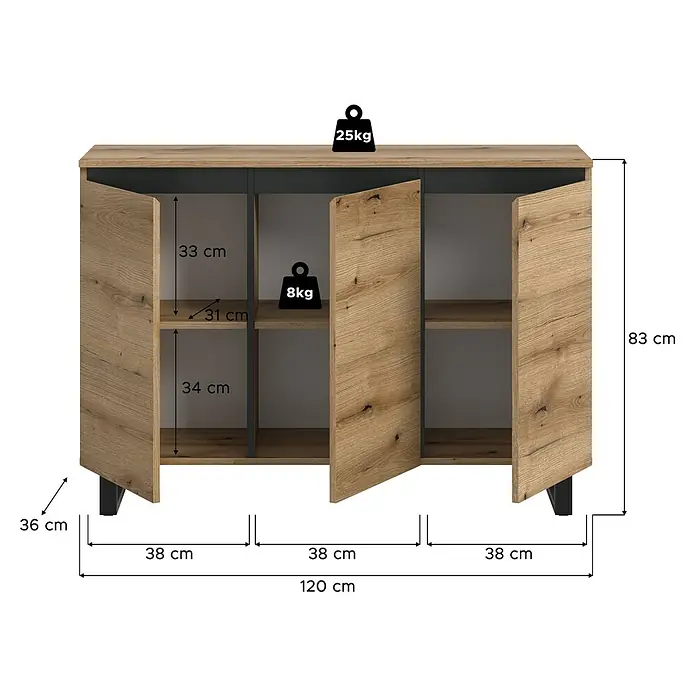 xonox.home Tomasa Sideboard - L x B x H: 36 x 120 x 84 cm, Evoke Eiche, Anzahl Türen: 4 Stk. - Eine moderne Kommode in Holzoptik mit offenen Türen und schwarzen Akzenten. Die Kommode bietet Stauraum und Ablageflächen.
