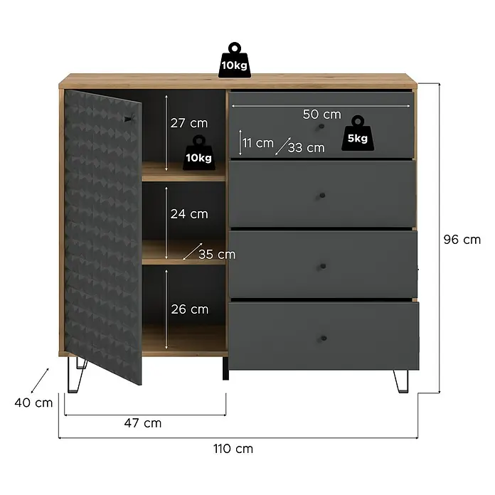 xonox.home Prisma Highboard - L x B x H: 40 x 110 x 96 cm, Eiche/Anthrazit - Bild eines Sideboards mit einer Tür und Schubladen, Maße sind auf dem Bild sichtbar.