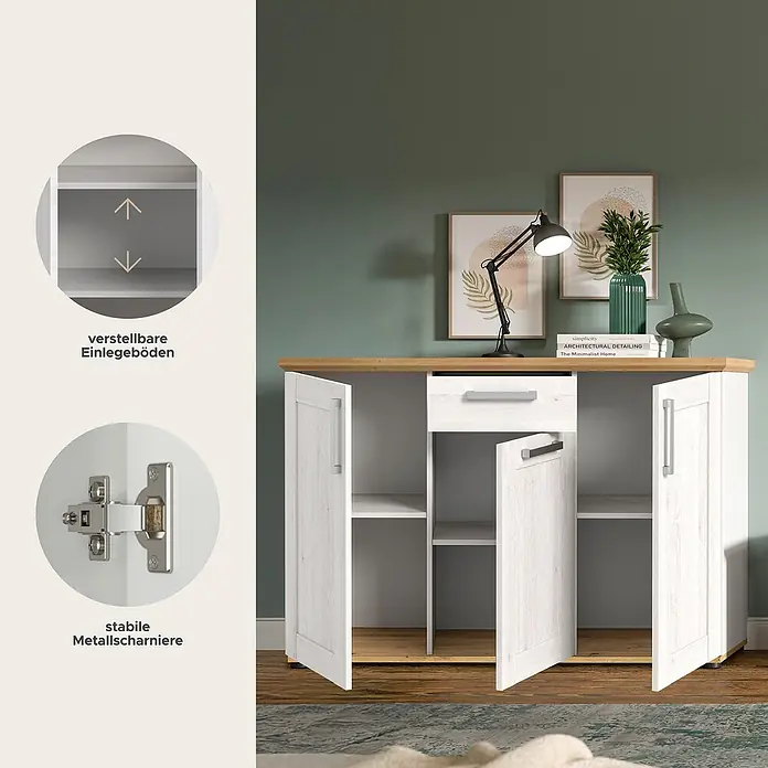 xonox.home Kommode - L x B x H: 39 x 137 x 88 cm, Weiß/Lärche, Anzahl Schubladen: 1 Stk. - Produktansicht eines Sideboards in Weiß mit Holzplatte, das durch seine verstellbaren Einlegeböden und stabilen Metallscharniere überzeugt.