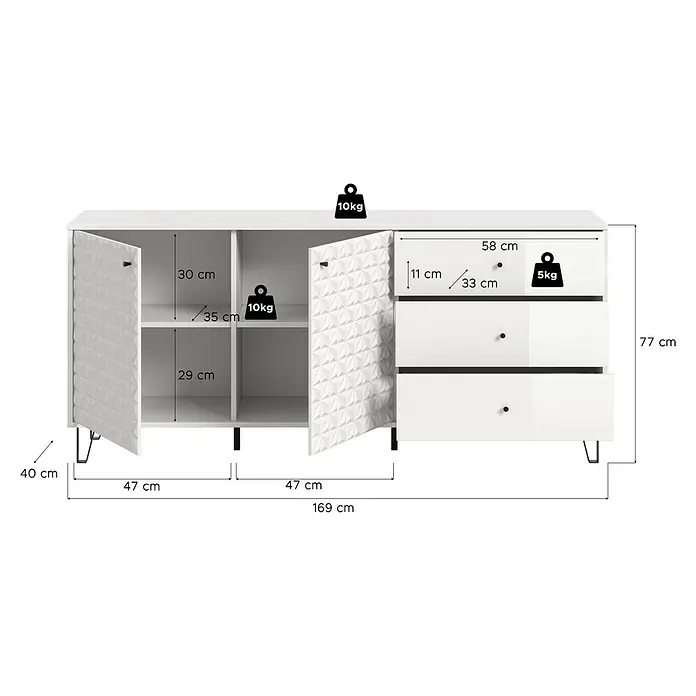 xonox.home Prisma Sideboard - L x B x H: 40 x 170 x 76 cm, Weiß, Anzahl Schubladen: 3 Stk., Anzahl Türen: 2 Stk. - Eine elegante, weiße Anrichte mit zwei Türen und drei Schubladen, versehen mit Maßangaben und Gewichtsangaben.