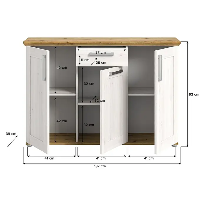 xonox.home Kommode - L x B x H: 39 x 137 x 88 cm, Weiß/Lärche, Anzahl Schubladen: 1 Stk. - Ansicht eines Sideboards mit Schublade und Türen mit Größenangaben. Ideal für Wohn- und Esszimmer.