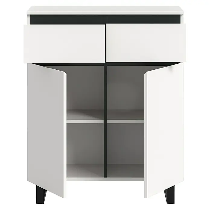 xonox.home Tomasa Kommode - L x B x H: 36 x 80 x 99 cm, Weiß, Anzahl Schubladen: 2 Stk. - Abgebildeter, weißer Aktenschrank mit zwei Schubladen oben und zwei offenen Türen, der Stauraum und einen organisierten Arbeitsbereich bietet.